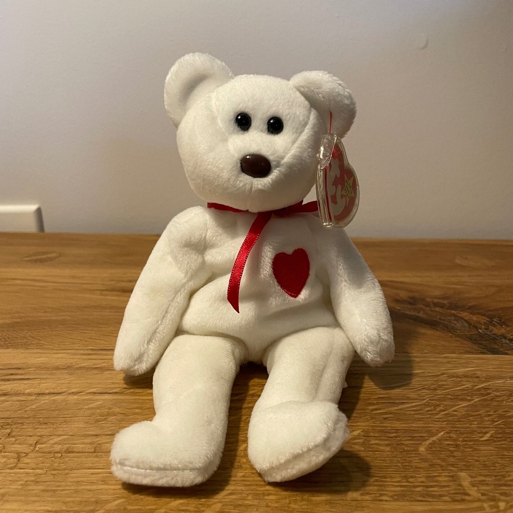 Valentino Bear Ty Beanie Babies White Red Heart 1994 – New Tag Protector VINTAGE